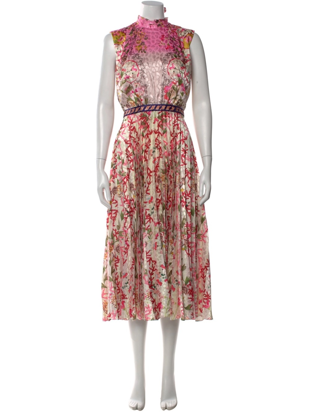 SALONI Pink Floral High-Neck Midi Dress with Navy Belt
